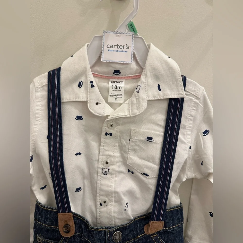 Carter’s 3 Piece Set Collared Button Up Onesie, Jeans and Suspenders - 18m